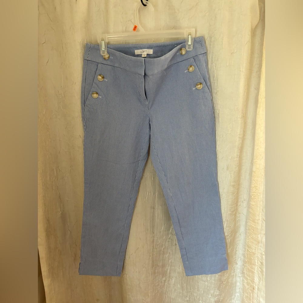 LOFT The Riviera Pant Womens Blue White Striped Button Crop Marisa